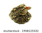 Chinese Feng Shui lucky money frog with coin. Isolated on white background. Closeup