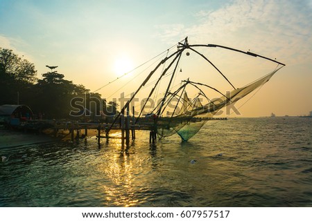 Chinese fishing net at sunset in Cochin Kochi, Kerala, India