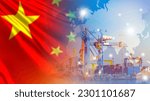Chinese flag near port. Arrows of cranes from sea harbor. Deliveries to port of China. Deliveries of goods from PRC. Maritime logistics in China. Import of Chinese goods by sea. Export at China