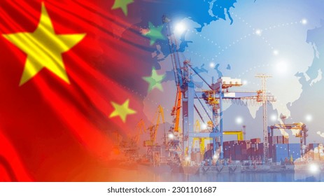 Chinese flag near port. Arrows of cranes from sea harbor. Deliveries to port of China. Deliveries of goods from PRC. Maritime logistics in China. Import of Chinese goods by sea. Export at China - Shutterstock ID 2301101687