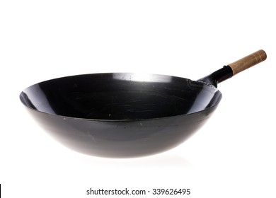 A Chinese Flying Pan(wok) With Wood Handle Isolated White.