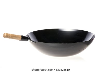 A Chinese Flying Pan(wok) With Wood Handle Isolated White.