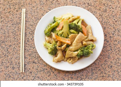 Chinese Food Chicken With Broccoli Take Out With Chopsticks