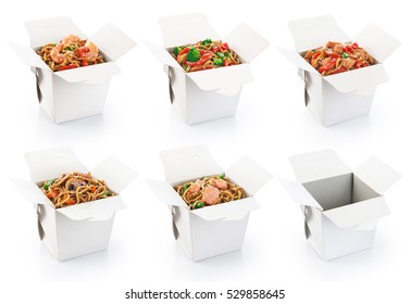 Chinese Food Collection Isolated On White Background. Opened Take Out Box.