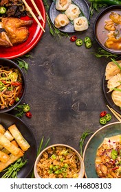 Chinese Food Dark Background. Chinese Noodles, Fried Rice, Dumplings, Peking Duck, Dim Sum, Spring Rolls. Famous Chinese Cuisine Dishes Set. Space For Text. Top View. Chinese Restaurant Concept