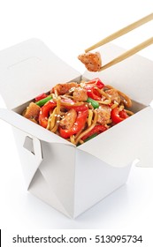 Chinese Food. Noodles With Fried Chicken And Vegetables Isolated On White Background. Opened Take Out Box.