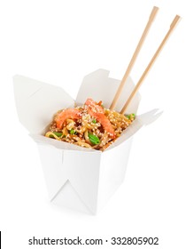 Chinese Food. Noodles With Shrimp Isolated On White Background. Opened Take Out Box.