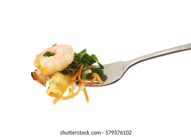 Chinese Food On A Fork Isolated Against White