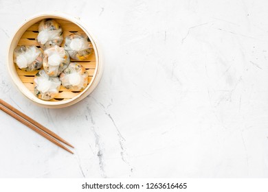 Chinese Food Set With Dim Sum, Sticks On Marble Background Top View Copy Space