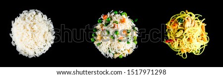 Chinese food set. Chinese noodles, fried rice, spring rolls, deep fried fish and udon. Asian style food concept composition. set noodles and rice for wok. Top view.