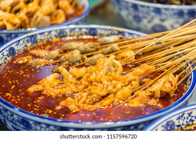 Chinese Food, Spicy Skewers In Chongqing, Skewered With Bamboo Skewers