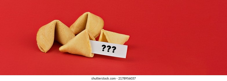 Chinese Fortune Cookies On Red Background With Question Marks Note. Abstract Unknown Future Of World Concept, Long Banner