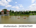 Chinese Garden in Singapore with people kayaking in the lake