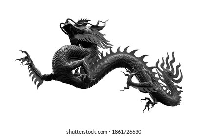 Chinese golden black dragon isolated on white with clipping path. Traditional chinese black dragon isolated on white background. Feng Shui statuette.
