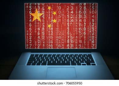 Chinese hacker. Laptop with binary computer code and china flag on the screen. Internet and network security. 