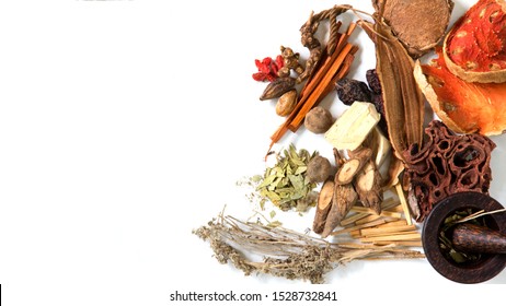 Chinese Herb Selection Used In Traditional Alternative Herbal Medicine With Mortar And Pestle On White Background. Natural Herbs Medicine, And Herbal Medicinal Root. Alternative Medicine Herbal