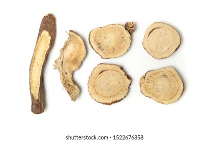 Chinese Herbal Medicine, Licorice Root, On White Background