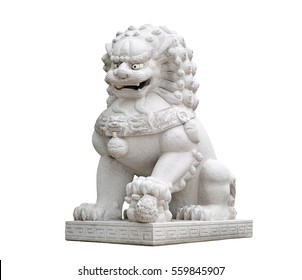 Chinese Imperial Lion Statue, Isolated On White Background.