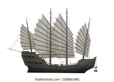 Chinese junk junk, classic Chinese sailing vessel of ancient isolated on white background. This has clipping path.