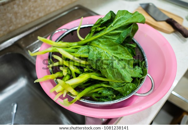 Chinese Kale On Kitchen Sink Stock Photo Edit Now 1081238141