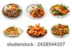 Chinese and Korean, many food dishes set collection isolated on white background. fried shrimp, grilled chicken with salad, salmon with vegetables, chicken curry with rice, beef and rice. Food set.