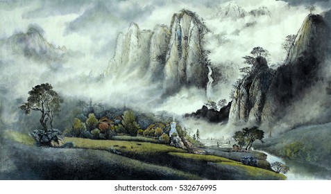 Chinese Landscape Mist Waterfall And High Mountains Chinese Landscape Mist Waterfall And High Mountains