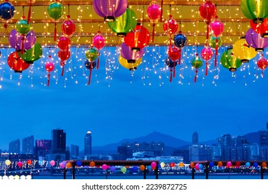 Chinese Lantern with city skyline background in Hong Kong