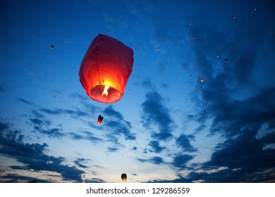 The Chinese Lantern Flies Up Highly In The Sky.