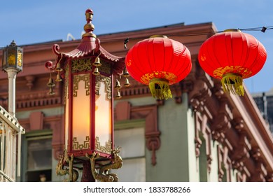 Chinese lanterns and a beautiful lantern on one of the streets of Chinatown in San Francisco. 