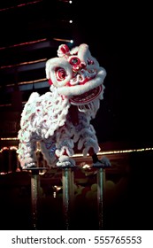 Chinese Lion Costume Dance During Chinese New Year Celebration At Night