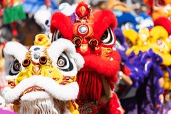 Chinese Lion Dance Show On Street In The Chinese New Year Festival.Chinese Lion Costume Used During Chinese New Year Celebration In China Town.Holidays And Celebrations Concept. Selective Focus.