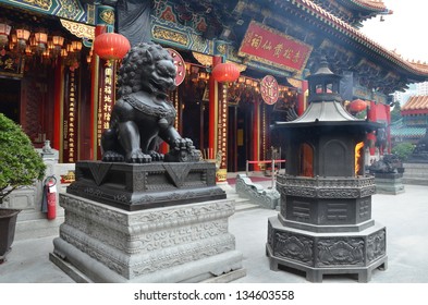 Chinese Lion Statue In Wong Tai Sin Temple In Hong Kong