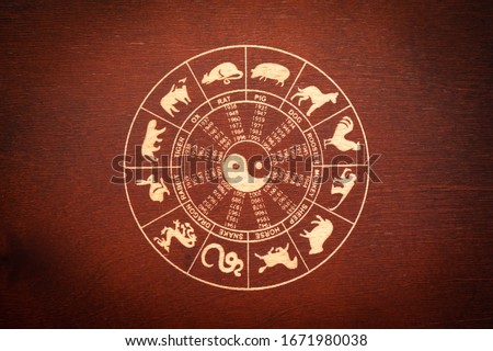 Chinese lunar zodiac, happy chinese new year, gold chinese lunar symbols on wooden background
