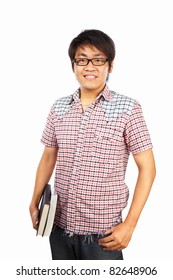 Chinese Male Student Holding Book, Isolated On White Background