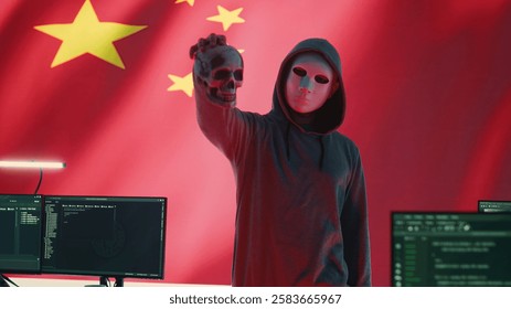 Chinese man presenting a human skull to make death threats, symbolizing criminal activity. Hacker asking for ransom after breaking into governmental security systems, digital mercenary work. Camera A.