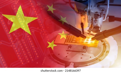 Chinese Microprocessor Manufacturing. Microelectronics Factory In China. Microelectronics Market Of PRC. PCB Production In China. Soldering Robot And Chinese Flag. Modern Electronic Technologies.