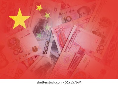 Chinese national flag background with various Chinese banknotes with various values, shot overhead