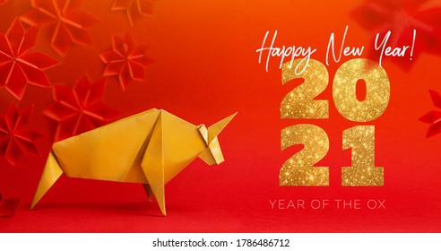 Chinese new year 2021 year of the ox , cold. Bull on red background.