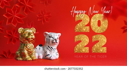 Chinese new year 2022, year of the Tiger zodiac symbol. Red background - Shutterstock ID 2077332352