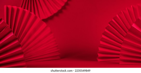 Chinese New Year 2023 .Decor pattern fan on red background. Red paper fans .Lunar New Year banner template. Color of the year 2023  magenta.color Lunar New Year,chinese banner - Shutterstock ID 2235549849