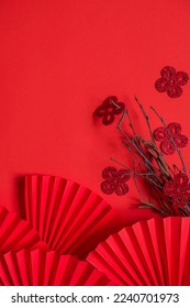 Chinese New Year 2023 .Decor pattern fan on red background. Red paper fans .Lunar New Year banner template.  Lunar New Year,chinese banner - Shutterstock ID 2240701973