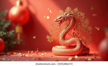 Chinese new year 2025 Snake Zodiac sign with gold paper cut art and craft style on color background Chinese Translation happy new year of Snake - Powered by Shutterstock