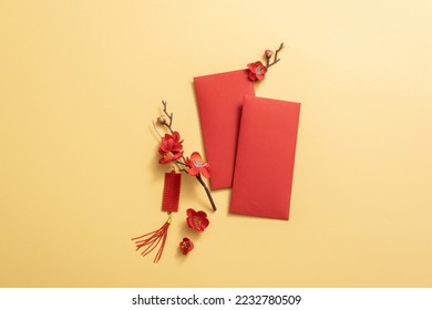 Chinese New year background with lucky money and Blossom. Empty space for design. Design lucky money.
