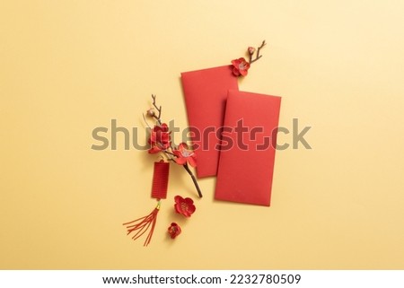 Chinese New year background with lucky money and Blossom. Empty space for design. Design lucky money.