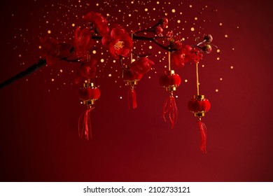 Chinese New Year background with sakura branch and lanterns - Powered by Shutterstock