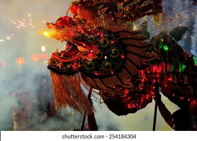 Chinese New Year Celebrations 2558: a spectacularly Dragon Dance by celebrating the Chinese New Year in Pattaya, Thailand on February 19, 2015