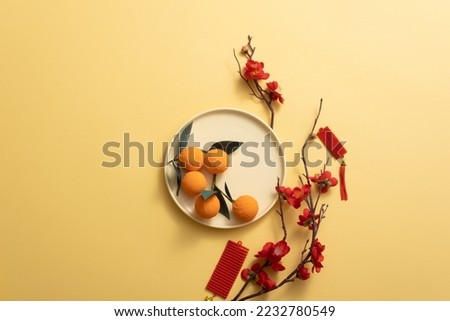 Chinese new year holiday background stylish with tangerine, Blossom, mandarin orange, and lucky ornaments. Empty space for text