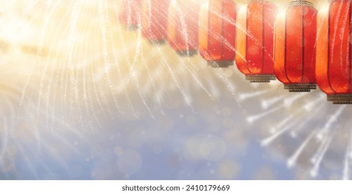 Chinese New Year lanterns and firework. Lunar new year celebration in China. Red paper lantern on sunset sky. Asian holiday event. Party in Asia. Fireworks and sparkles for prosperity and wealth. - Powered by Shutterstock