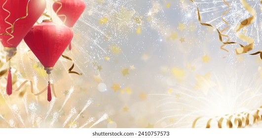 Chinese New Year lanterns and firework. Lunar new year celebration in China. Red paper lantern on sunset sky. Asian holiday event. Party in Asia. Fireworks and sparkles for prosperity and wealth. - Powered by Shutterstock