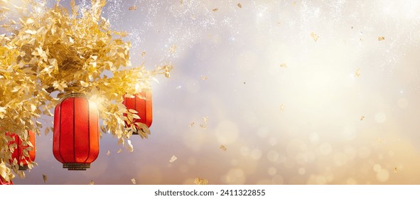 Chinese New Year lanterns and firework. Lunar new year celebration in China. Red paper lantern on sunset sky. Asian holiday event. Party in Asia. Fireworks and sparkles for prosperity and wealth. - Powered by Shutterstock